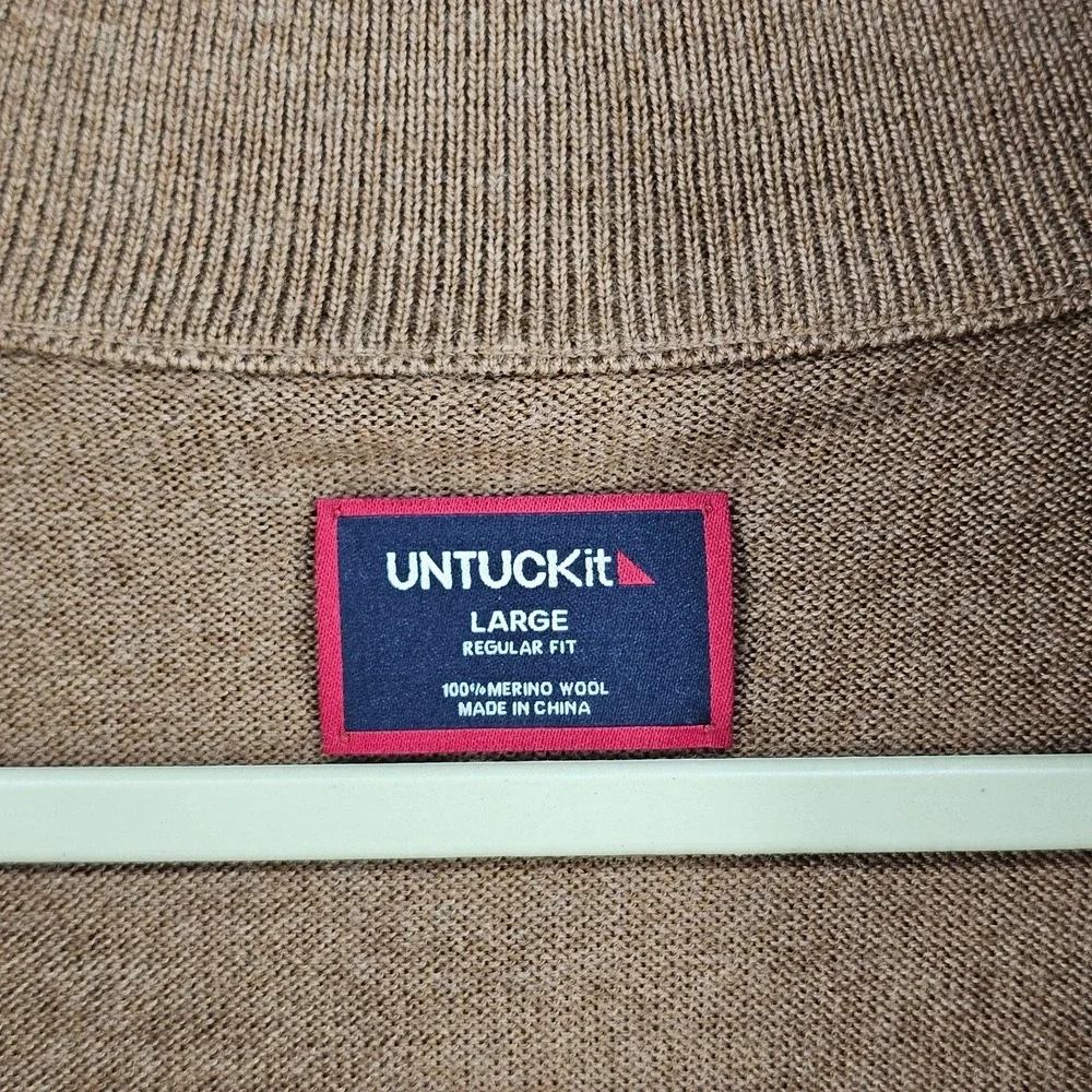 UNTUCKit Sweater Mens Large Brown 1/4 Zip Merino Wool Mock Neck Pullover Knit